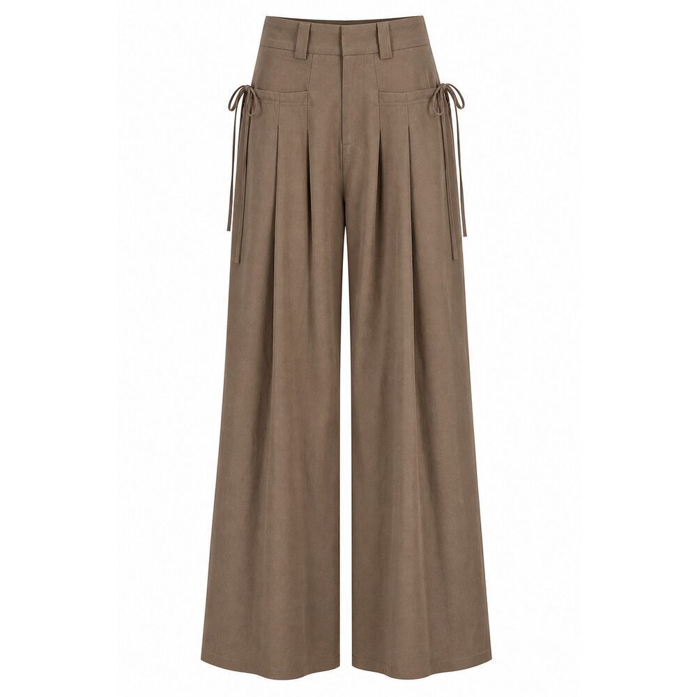 NDEY Wide Leg Trouser Womens Size S High Waist Pleated 26in Pants Brown Pockets